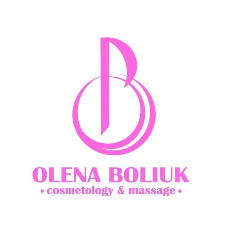 Różowe logo 'Olena Boliuk' z dopiskiem 'cosmetology & massage' na białym tle. Minimalistyczny design, estetyka salonu kosmetycznego.