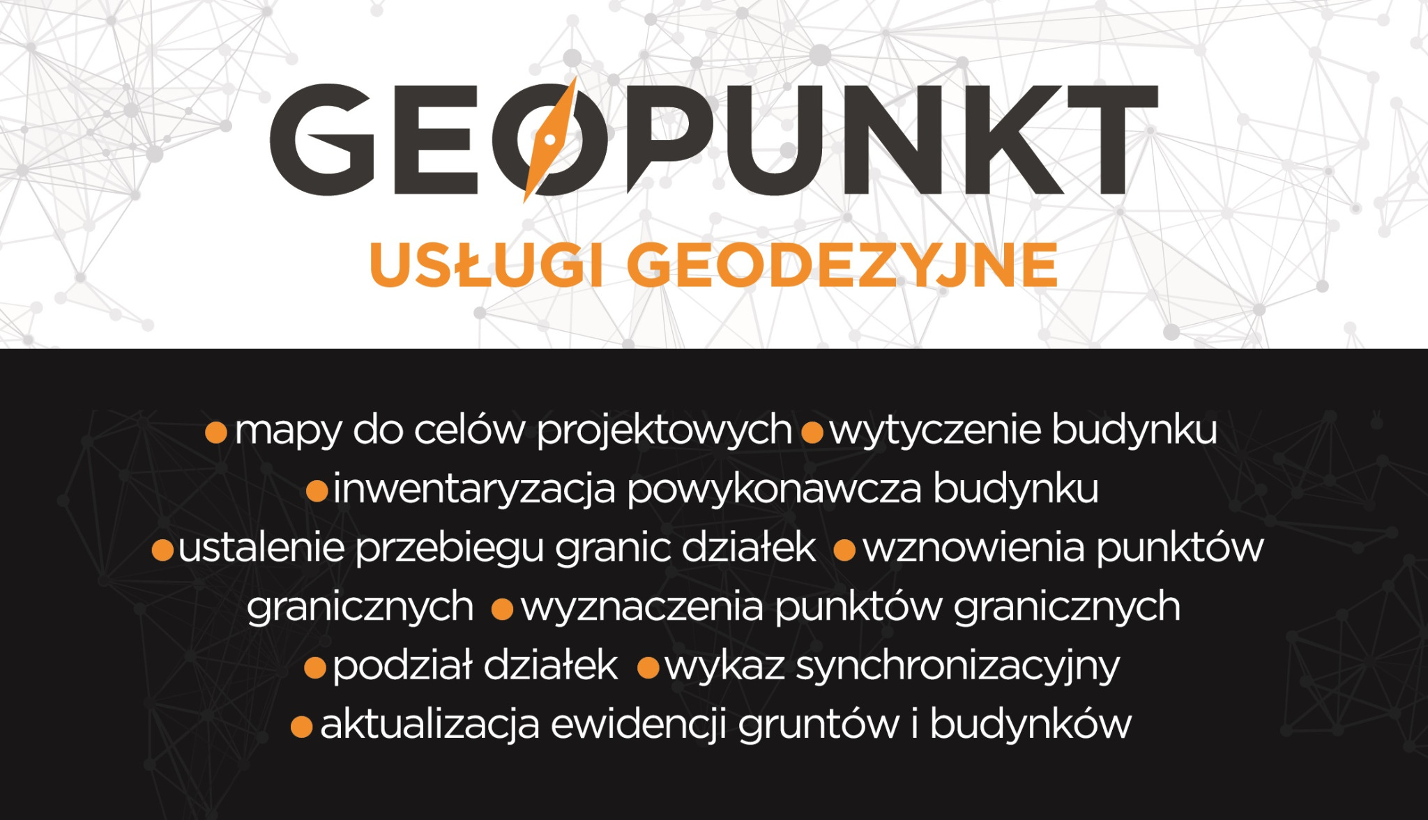 Grafika reklamowa firmy Geopunkt z Radomia oferującej usługi geodezyjne, w tym mapy do celów projektowych, wytyczenie budynku, inwentaryzację powykonawczą, ustalenie przebiegu granic działek i inne.
