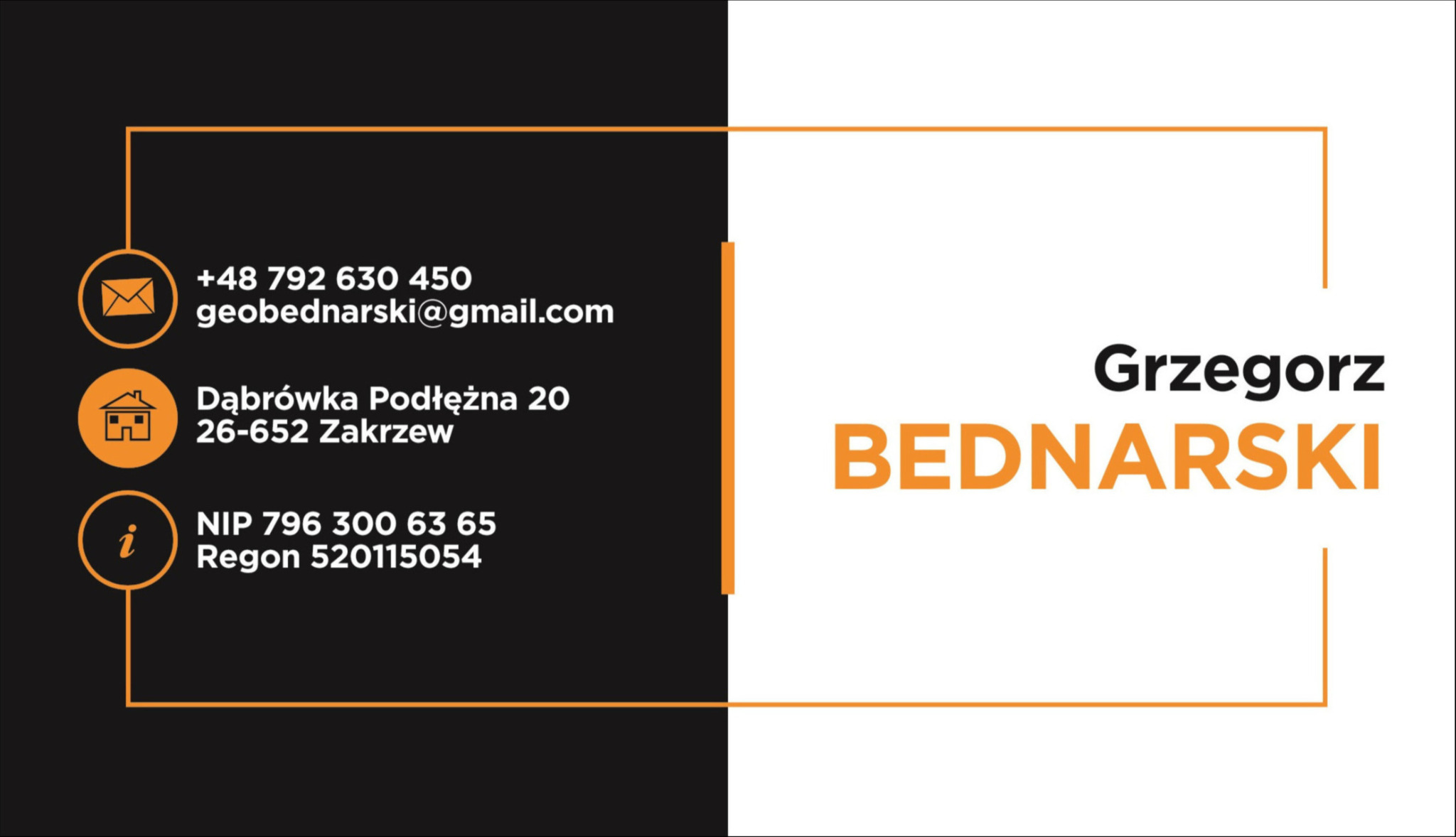 Wizytówka firmy z danymi kontaktowymi: numer telefonu, adres e-mail, adres siedziby, NIP i REGON. Nazwisko Bednarski wyróżnione kolorem pomarańczowym.