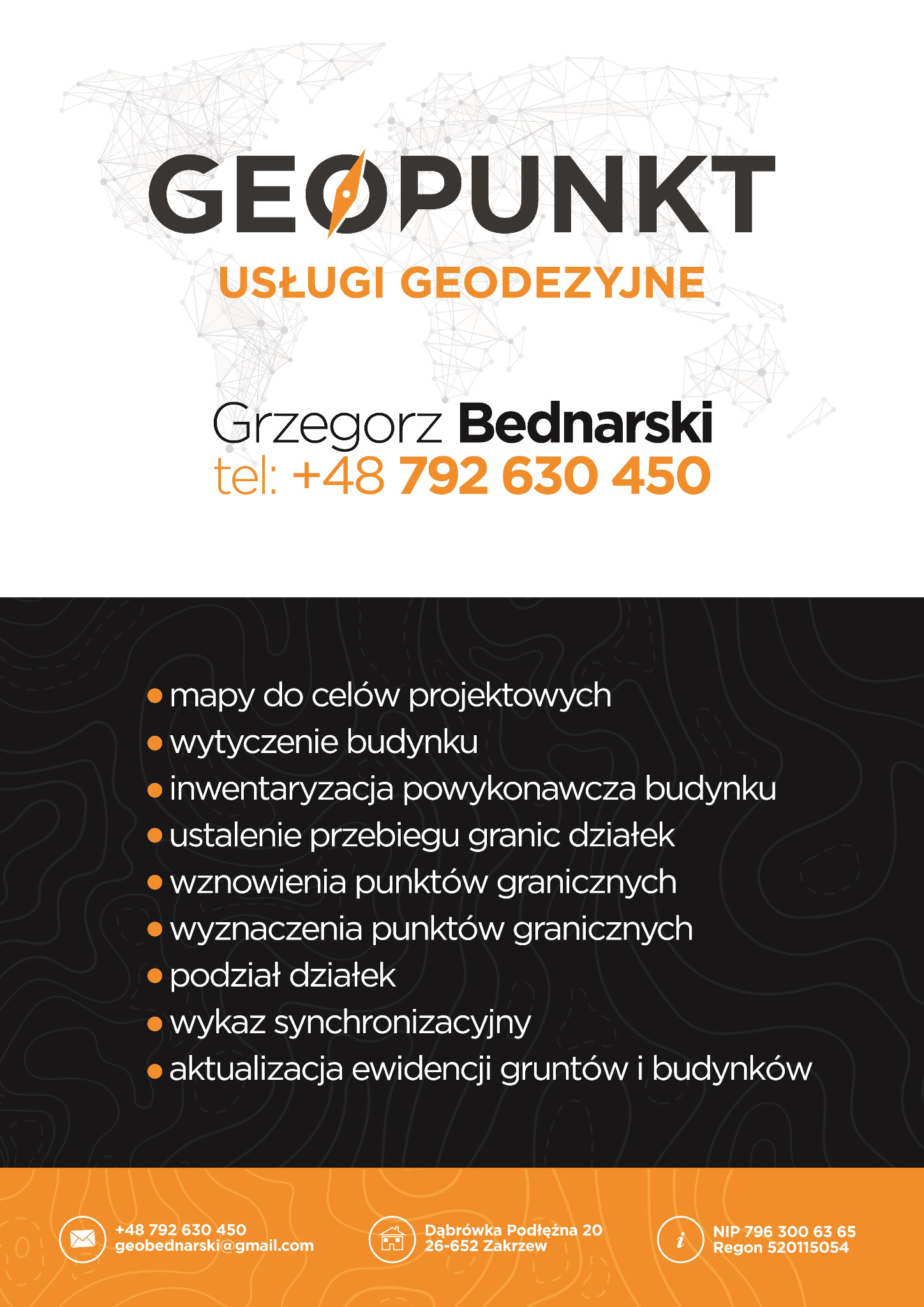 Grafika reklamowa firmy geodezyjnej Geopunkt Grzegorz Bednarski, prezentująca logo z kompasem, dane kontaktowe i listę oferowanych usług, takich jak mapy do celów projektowych, wytyczenie budynku...