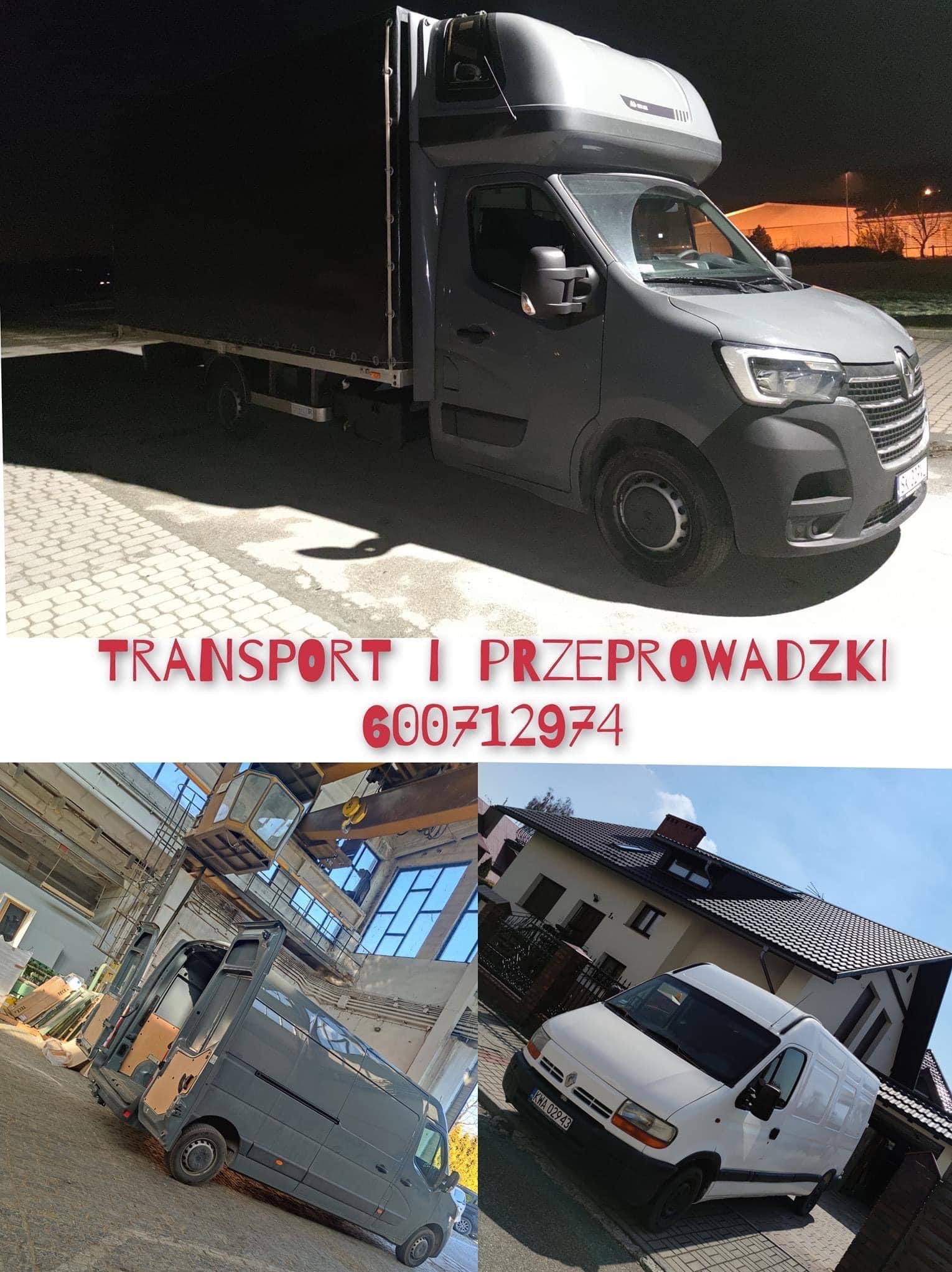 Kolaż zdjęć: szary bus z plandeką i bagażnikiem dachowym na tle kostki brukowej, wnętrze magazynu z suwnicą i otwartym busem, biały bus na tle domu jednorodzinnego.