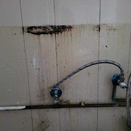 Szufeleczka Sp. z o. o. - Zaniedbana ściana z ceramicznych płytek z widocznymi zaciekami, pleśnią i dwoma kranami z elastycznymi wężami w stalowym oplocie.