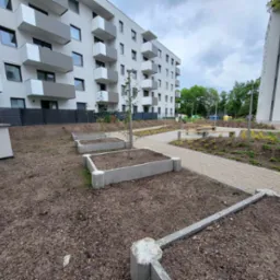 Nowo zagospodarowany teren zielony przy nowoczesnym budynku mieszkalnym z betonowymi rabatami i młodymi drzewkami, ścieżka wyłożona kostką brukową, widok na ławki i zieleń w tle.