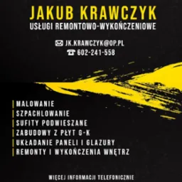 Wizytówka firmy remontowo-wykończeniowej Jakub Krawczyk z adresem e-mail i numerem telefonu, oferującej malowanie, szpachlowanie, sufity podwieszane, zabudowy z płyt G-K, układanie paneli i glazury...