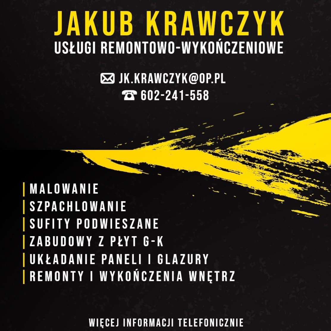 Wizytówka firmy remontowo-wykończeniowej Jakub Krawczyk z adresem e-mail i numerem telefonu, oferującej malowanie, szpachlowanie, sufity podwieszane, zabudowy z płyt G-K, układanie paneli i glazury...