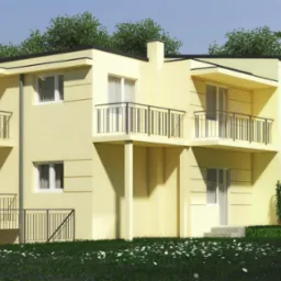 Wizualizacja dwupiętrowego domu z balkonami w odcieniach żółci, otoczonego zielenią i białymi kwiatami.