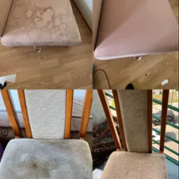 Por&oacute;wnanie przed i po czyszczeniu tapicerki kanapy i krzesła w Lublinie. Po lewej stronie widoczne plamy i zabrudzenia, po prawej czysta, odświeżona powierzchnia.