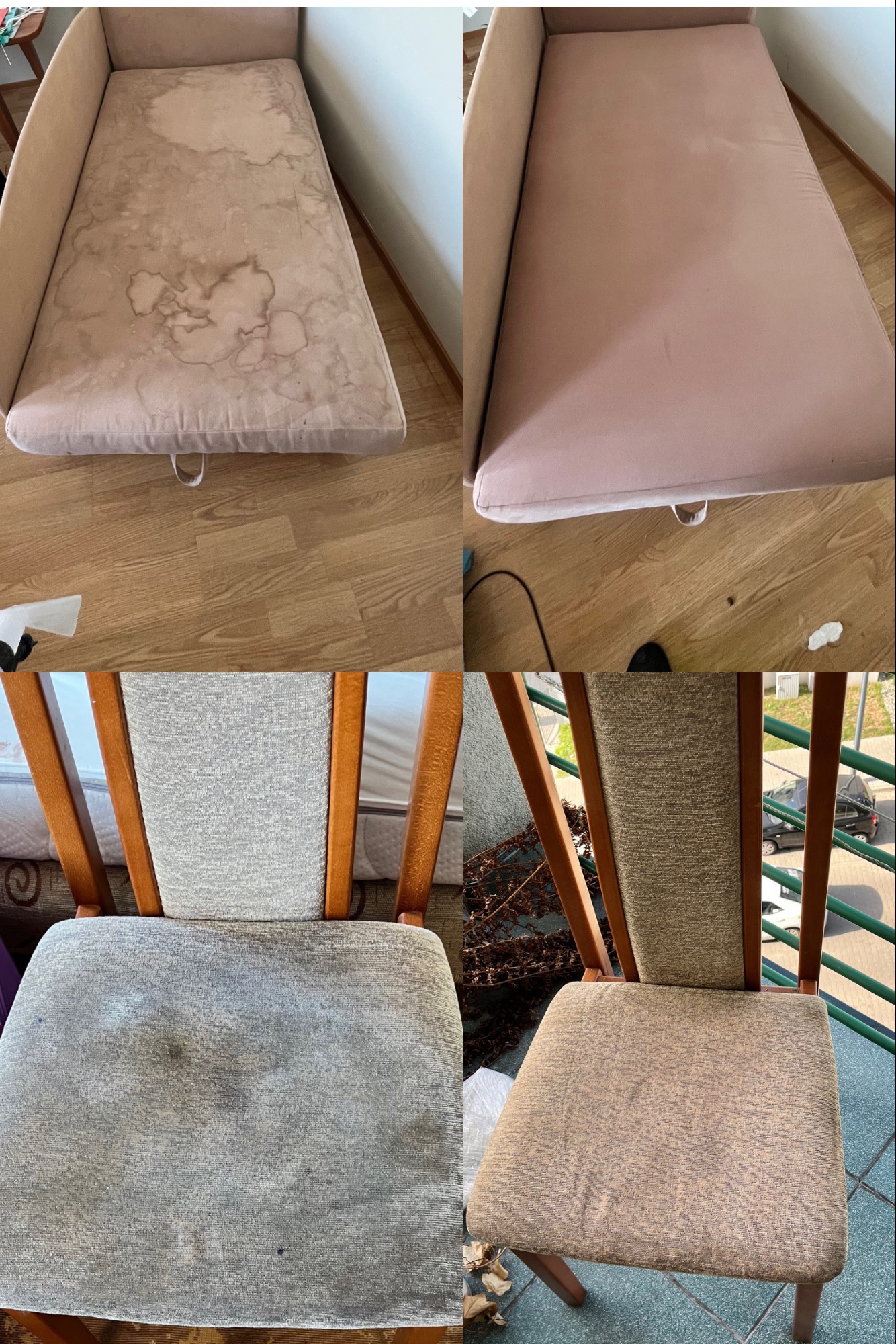Porównanie przed i po czyszczeniu tapicerki kanapy i krzesła w Lublinie. Po lewej stronie widoczne plamy i zabrudzenia, po prawej czysta, odświeżona powierzchnia.
