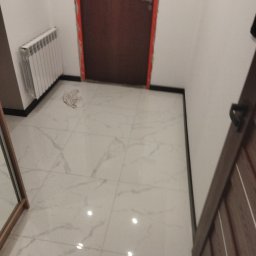 Budownictwo - Wykończone wnętrze: białe marmurowe płytki podłogowe, nowy grzejnik żeberkowy, ciemnobrązowe drzwi z czarnymi listwami przypodłogowymi.