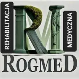 Grafika z zielonymi literami R i M, kolumną z eskulapem i napisem 'ROG MED' oraz słowami 'REHABILITACJA' i 'MEDYCZNA' po bokach.