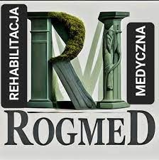 Grafika z zielonymi literami R i M, kolumną z eskulapem i napisem 'ROG MED' oraz słowami 'REHABILITACJA' i 'MEDYCZNA' po bokach.