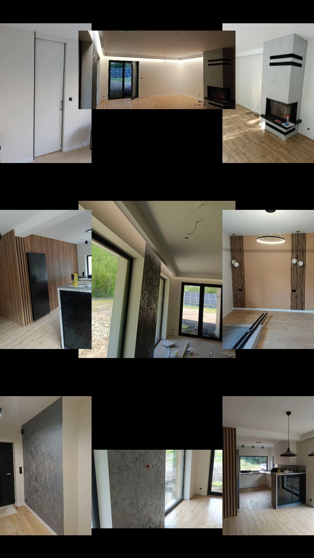 Nowoczesne wnętrze po pracach wykończeniowych: ściany z efektem dekoracyjnym, drewniane lamele, kominek, przesuwne drzwi, okna z widokiem na zieleń, minimalistyczne oświetlenie.