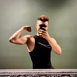 Mężczyzna w czarnym topie bez rękawów z logo Nike robi sobie zdjęcie w lustrze, prezentując napięty biceps.