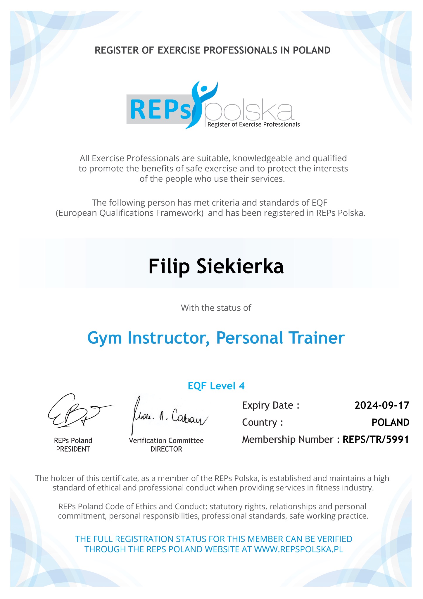 Certyfikat REPs Polska dla Filipa Siekierki jako Gym Instructor i Personal Trainer, ważny do 2024-09-17, z numerem członkowskim REPS/TR/5991.