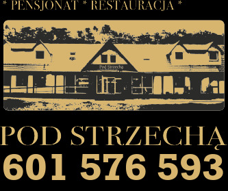 Grafika reklamowa pensjonatu i restauracji 'Pod Strzechą' w kolorach czerni i złota, przedstawiająca budynek z charakterystycznym dachem krytym strzechą oraz numer telefonu.