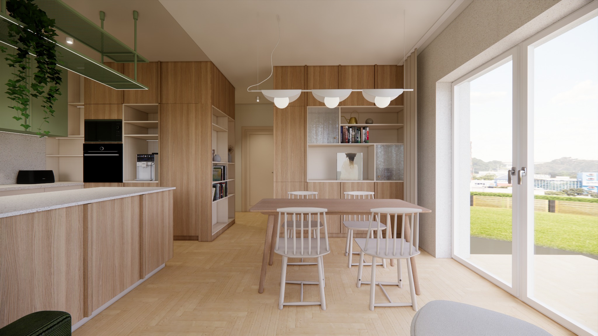 Wizualizacja jasnej jadalni z drewnianymi meblami, wiszącą lampą nad stołem i widokiem na zewnątrz przez duże okno