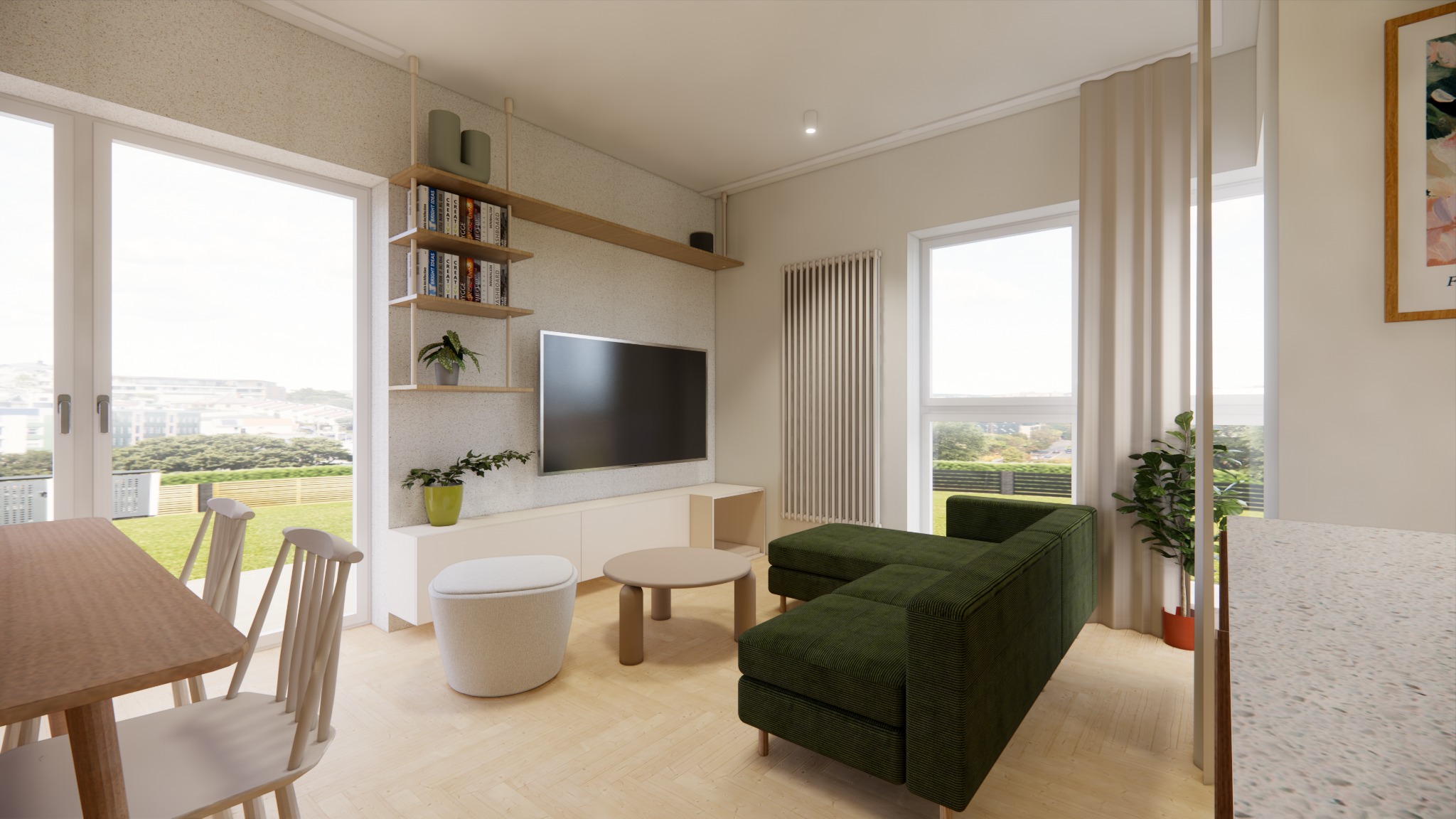 Wizualizacja salonu z dużym oknem, zieloną sofą modułową, drewnianym stołem i krzesłami, półką z książkami i telewizorem na ścianie.