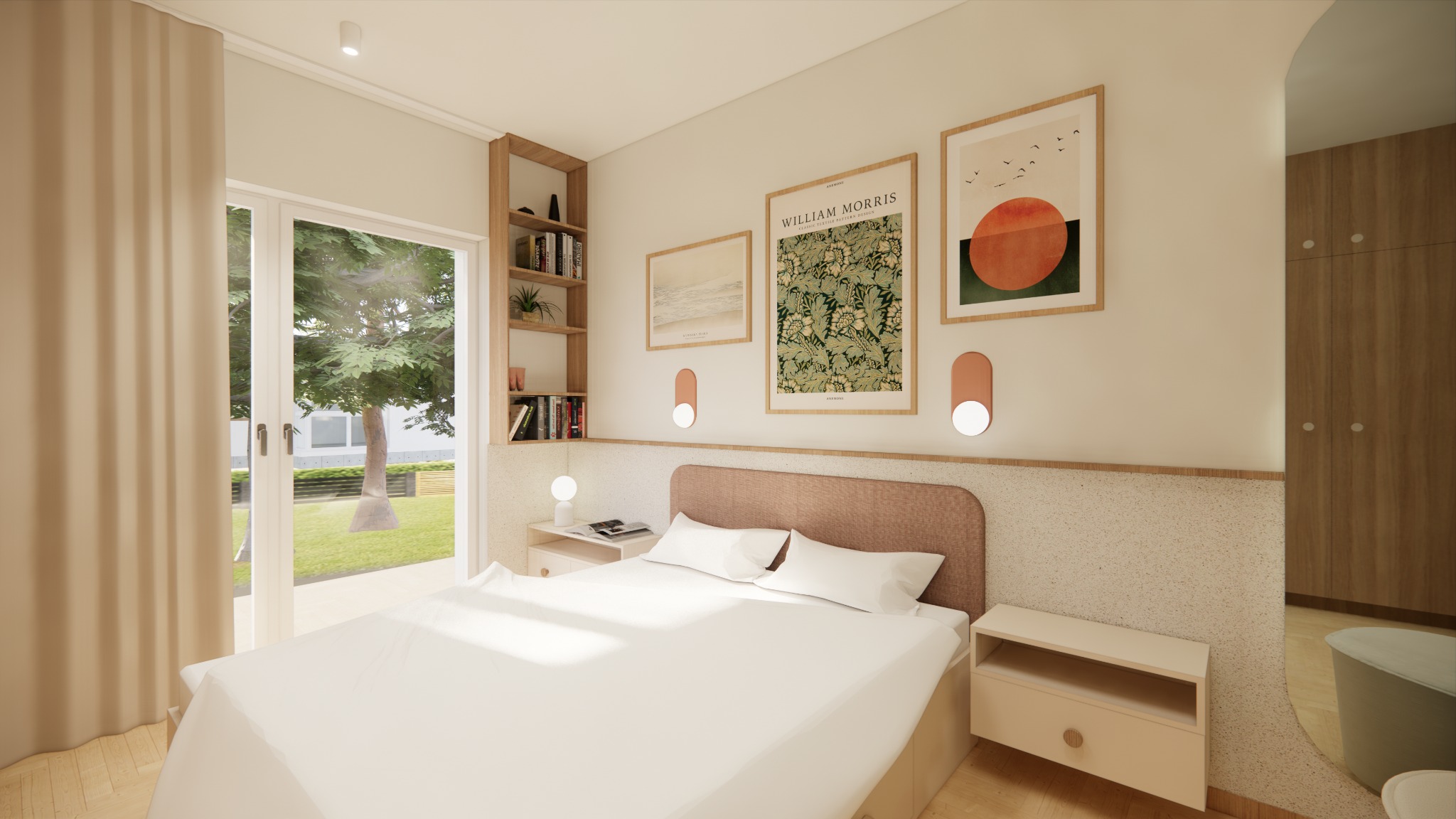Jasna sypialnia z łóżkiem, szafkami nocnymi i regałem, dekorowana grafikami w ramach, z widokiem na ogród przez duże okno.