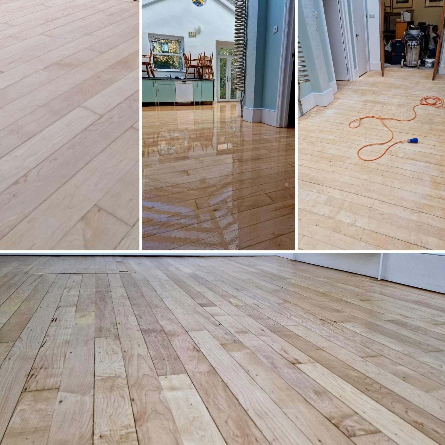 Kolaż przedstawiający etapy renowacji jasnej, drewnianej podłogi: surowa, po szlifowaniu z widocznym kablem elektrycznym i po lakierowaniu z odbiciami w połysku.