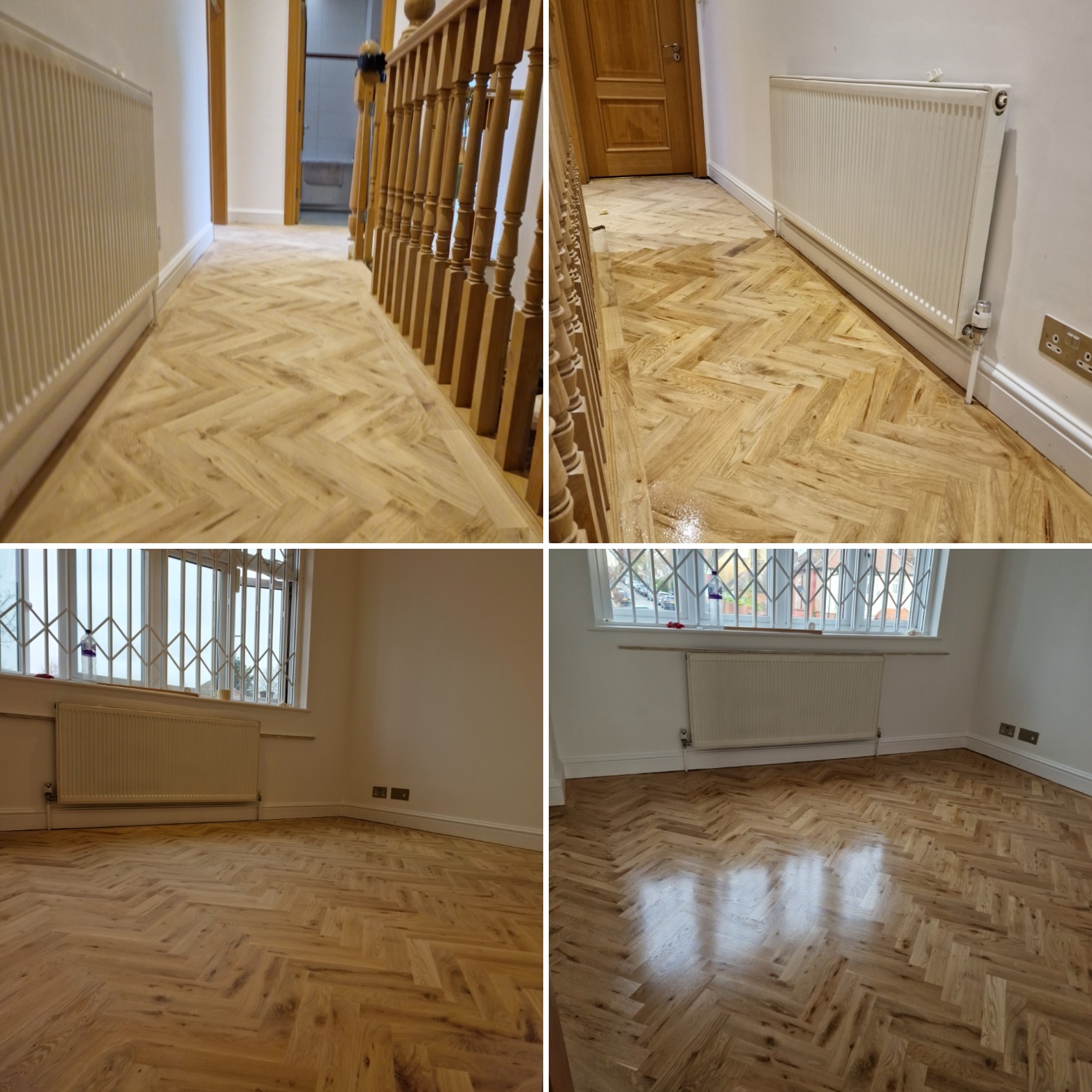 Cztery kadry przedstawiające jasny, dębowy parkiet ułożony we wzór jodełki francuskiej, widoczny na korytarzu ze schodami i w pokoju z oknem zabezpieczonym kratą.