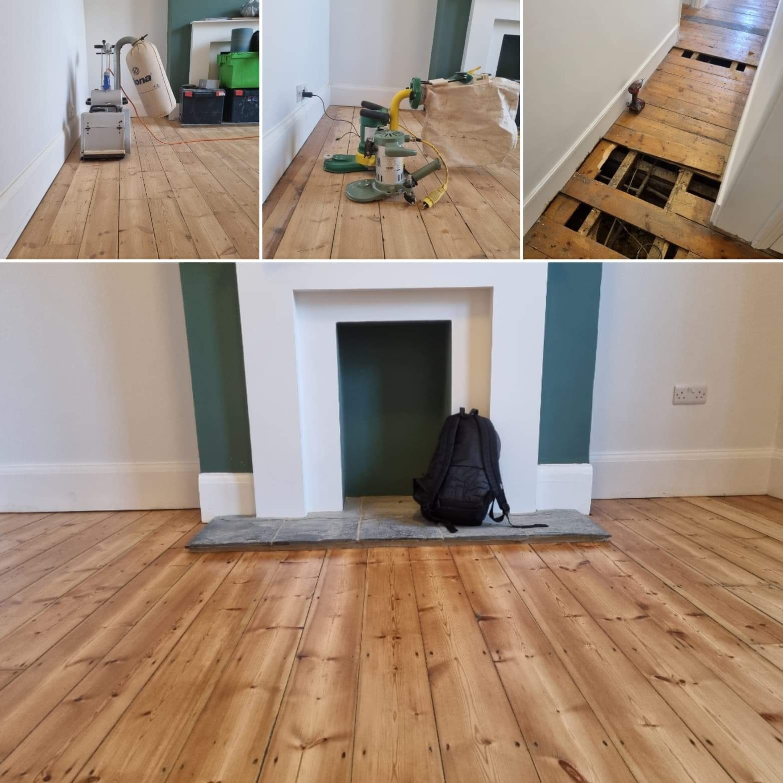 Drewniana podłoga w trakcie renowacji: widoczne maszyny do szlifowania, fragmenty podłogi z odkrytą konstrukcją, wykończona powierzchnia przy kominku z plecakiem.