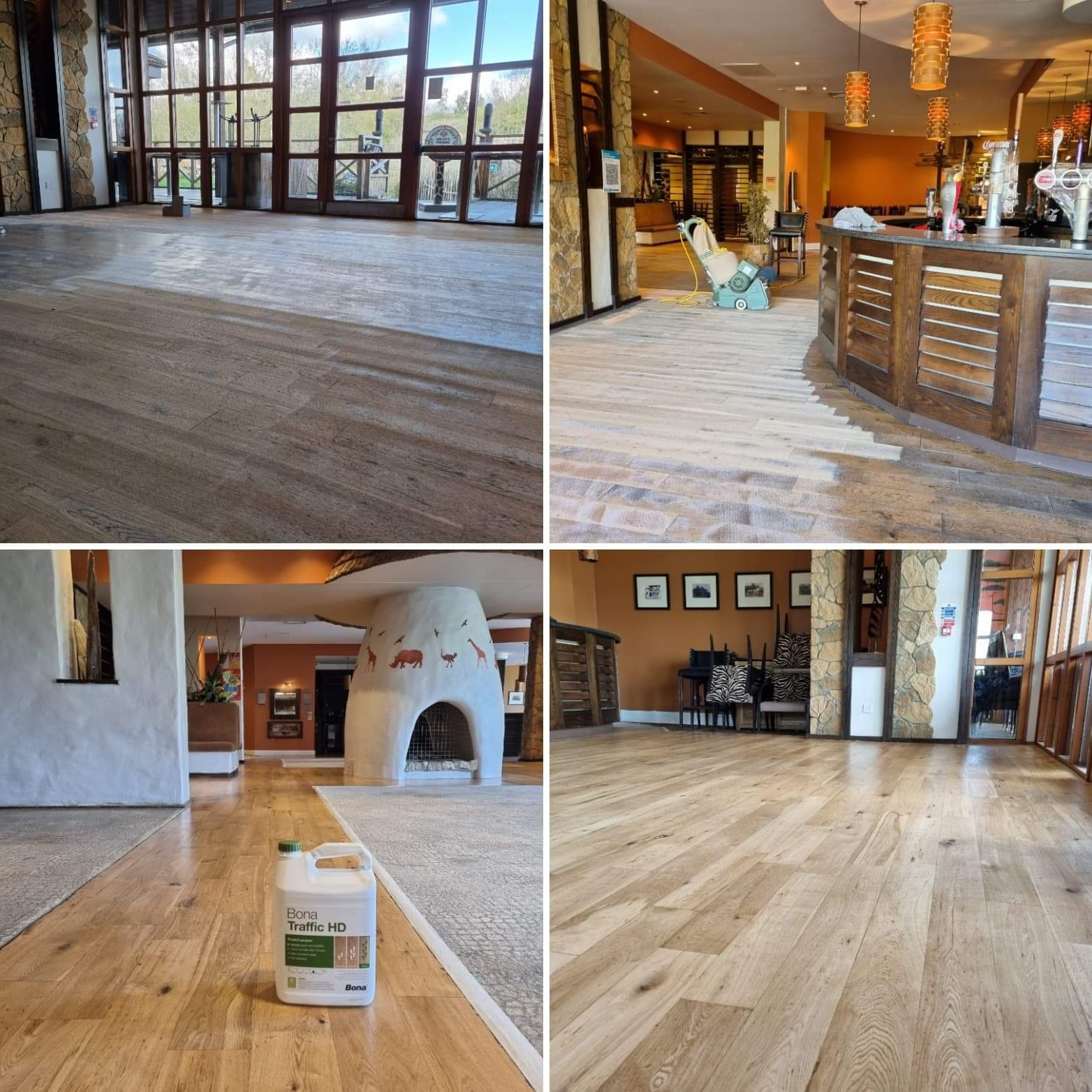 Czteropanelowe zdjęcie przedstawia proces renowacji podłogi drewnianej w dużej przestrzeni komercyjnej, z widoczną maszyną do szlifowania i butelką lakieru Bona Traffic HD.