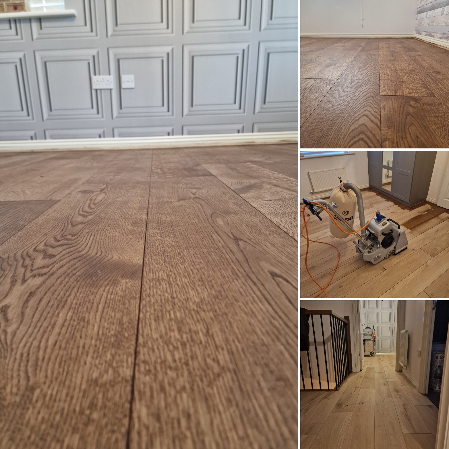 Kolaż zdjęć przedstawiający proces cyklinowania i efekt końcowy drewnianej podłogi w pomieszczeniu z dekoracyjną ścianą w tle, widoczna cykliniarka podczas pracy.