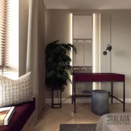 Wizualizacja pokoju z biurkiem w kolorze burgundu, okrągłym szarym pufem i dużą rośliną doniczkową monstera, oświetlona pionowymi listwami LED. Na parapecie poduszka i książka.