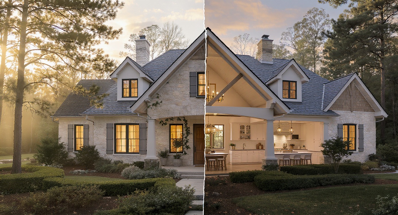 Dom jednorodzinny w stylu rustykalnym, z elewacją z kamienia. Po lewej dzień, po prawej noc. W tle drzewa i starannie utrzymany ogród.