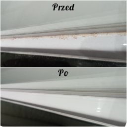 Magdalena Felska - Porównanie 'Przed' i 'Po' czyszczenia ramy okiennej z widocznymi zabrudzeniami i kurzem usuniętymi w procesie sprzątania.