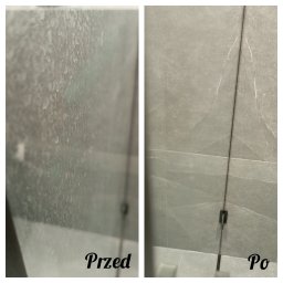 Magdalena Felska - Porównanie stanu kabiny prysznicowej przed i po czyszczeniu, widoczne osady i zacieki usunięte z powierzchni szklanej i płytek.