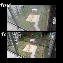 Magdalena Felska - Porównanie okna przed i po umyciu, widok z balkonu na plac zabaw i budynek mieszkalny.