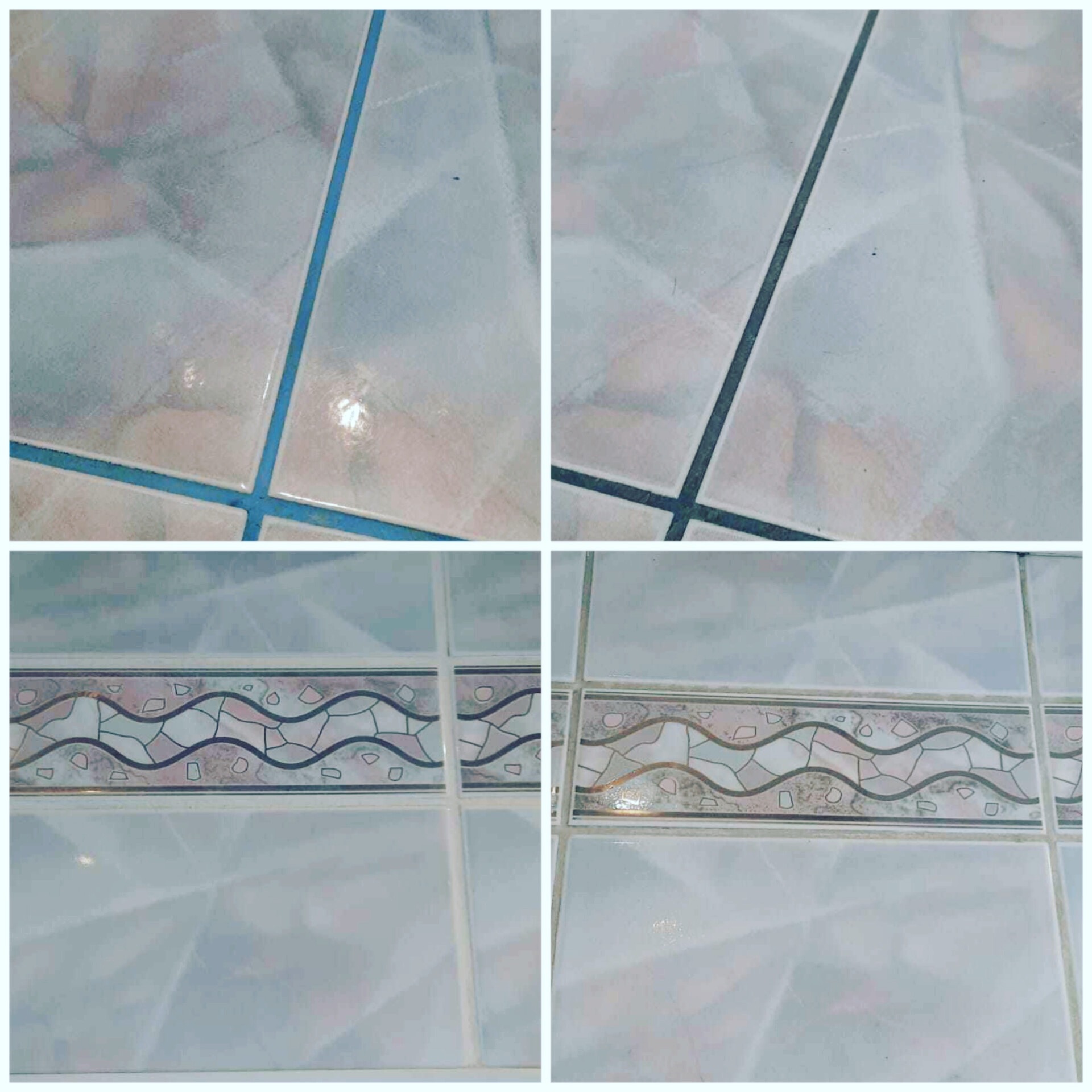 Cztery ujęcia płytek podłogowych w Katowicach przed i po czyszczeniu, z uwzględnieniem fug oraz dekoracyjnego pasa płytek. Widoczna różnica w czystości i połysku.