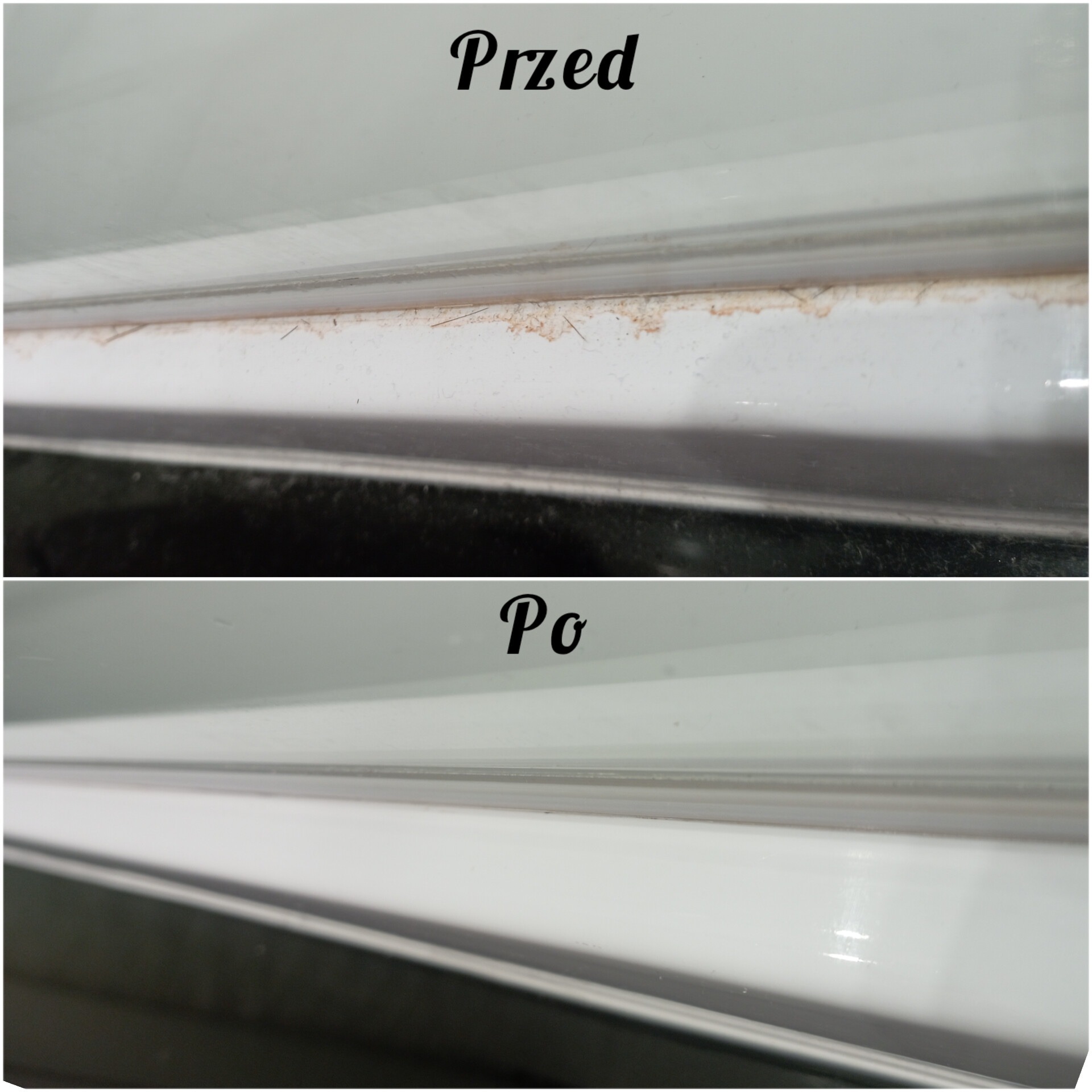 Porównanie 'Przed' i 'Po' czyszczenia ramy okiennej z widocznymi zabrudzeniami i kurzem usuniętymi w procesie sprzątania.