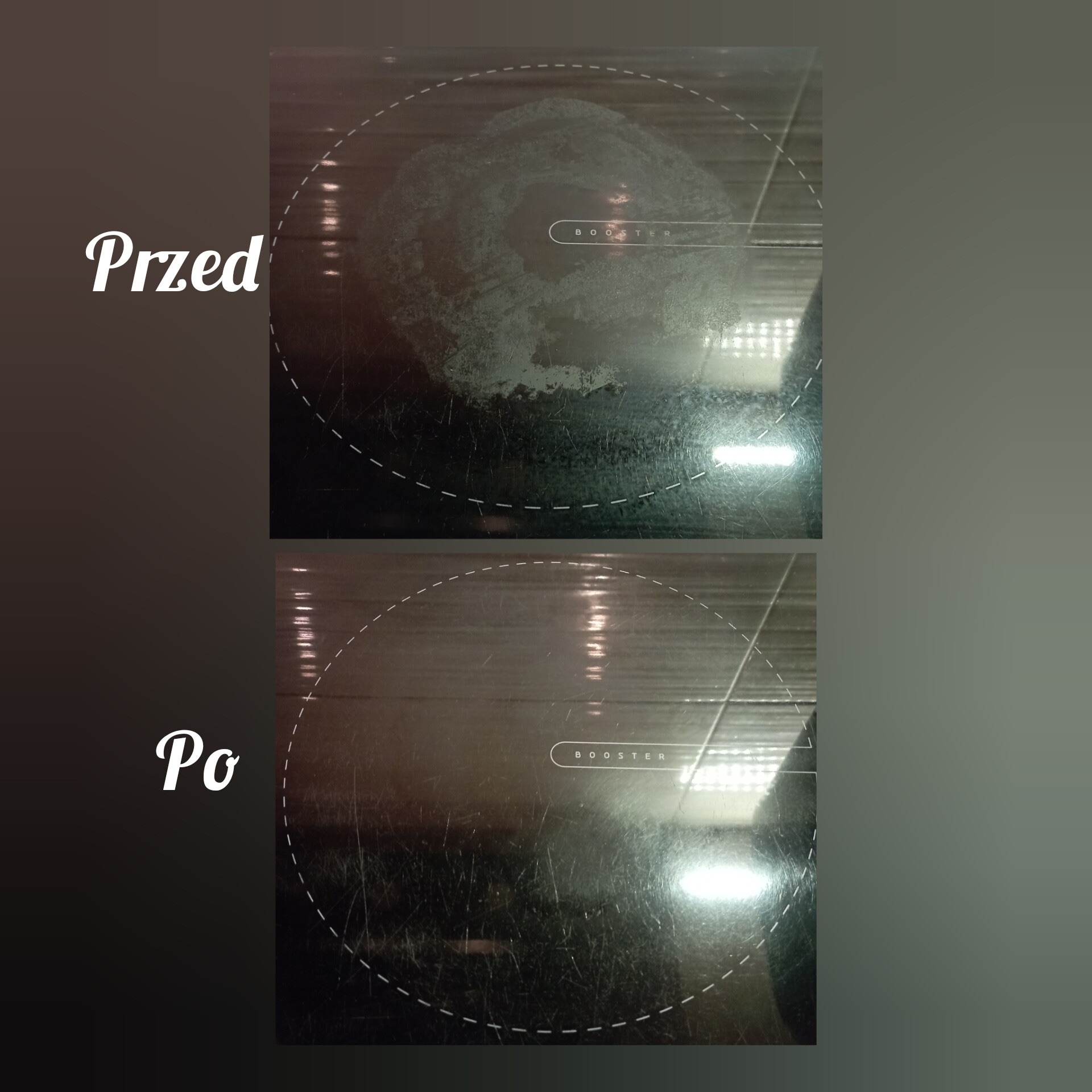 Płyta indukcyjna: stan przed czyszczeniem z uporczywymi zabrudzeniami i po czyszczeniu, widoczne usunięte plamy i smug