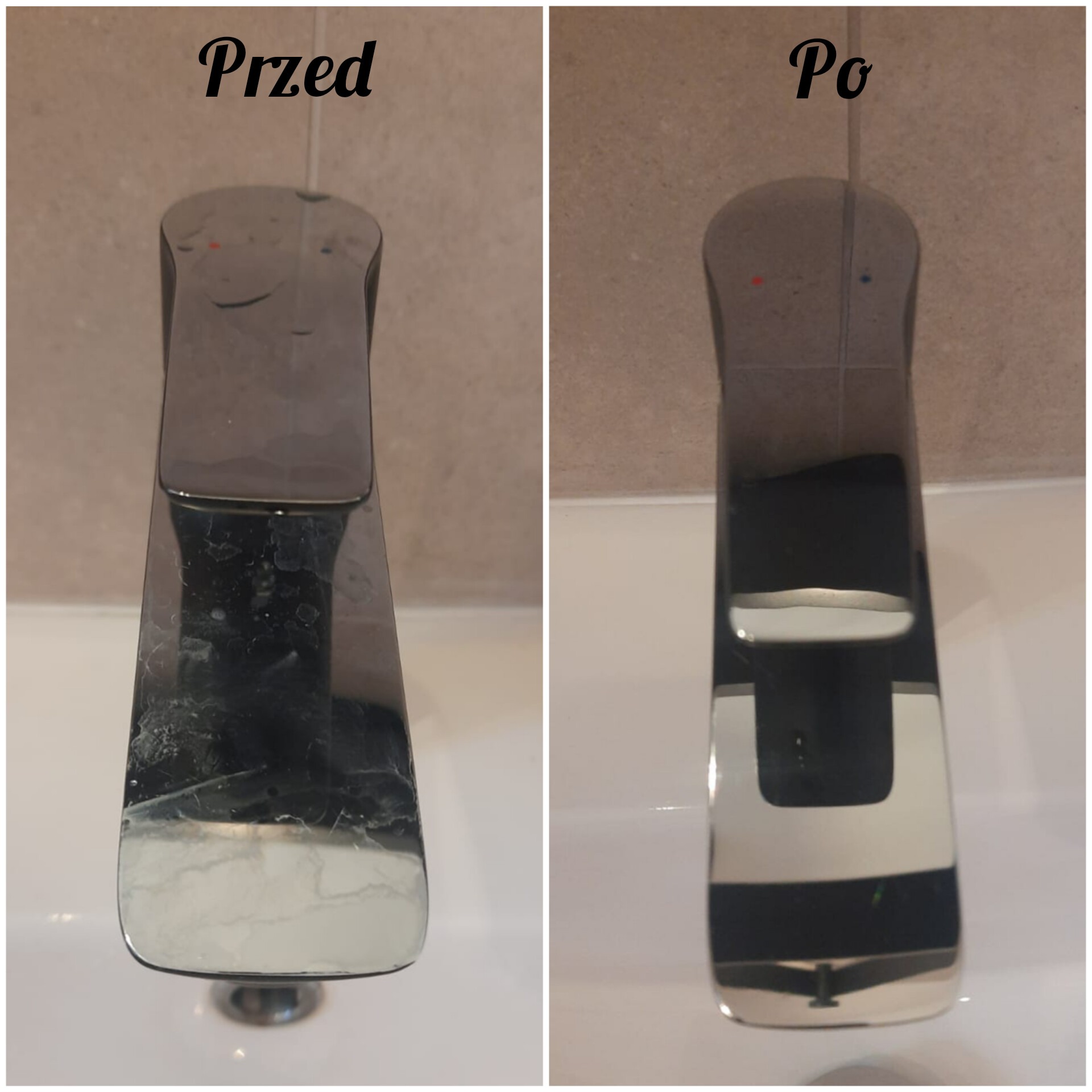 Kran łazienkowy przed i po czyszczeniu, widoczne osady kamienia usunięte, połyskliwa powierzchnia.