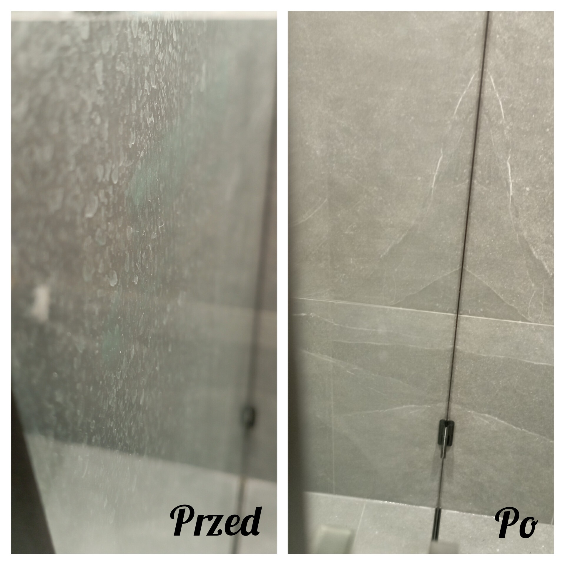 Porównanie stanu kabiny prysznicowej przed i po czyszczeniu, widoczne osady i zacieki usunięte z powierzchni szklanej i płytek.