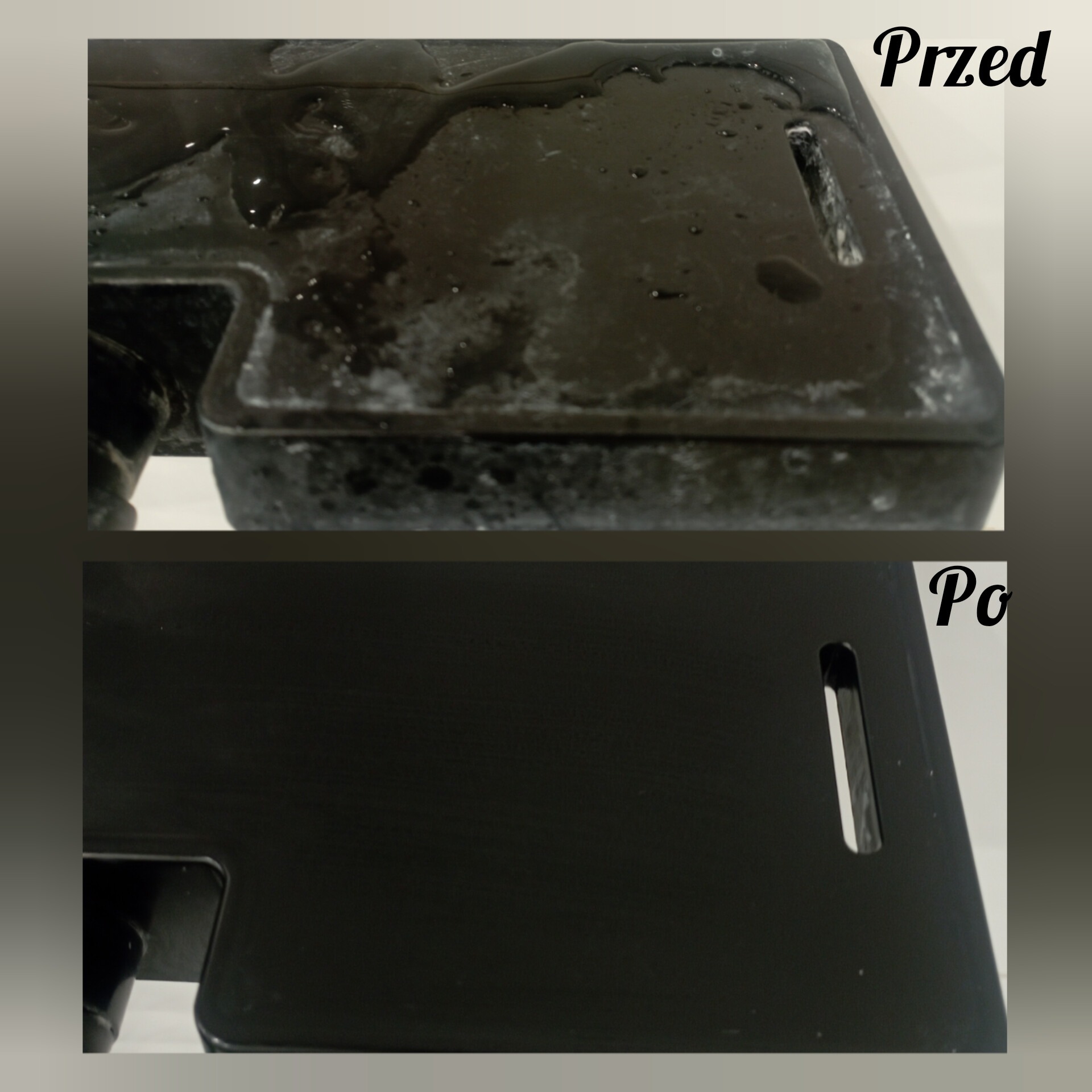 Porównanie czyszczenia czarnego elementu z tworzywa sztucznego: górna część zabrudzona, z zaciekami i osadem, dolna część czysta i błyszcząca.