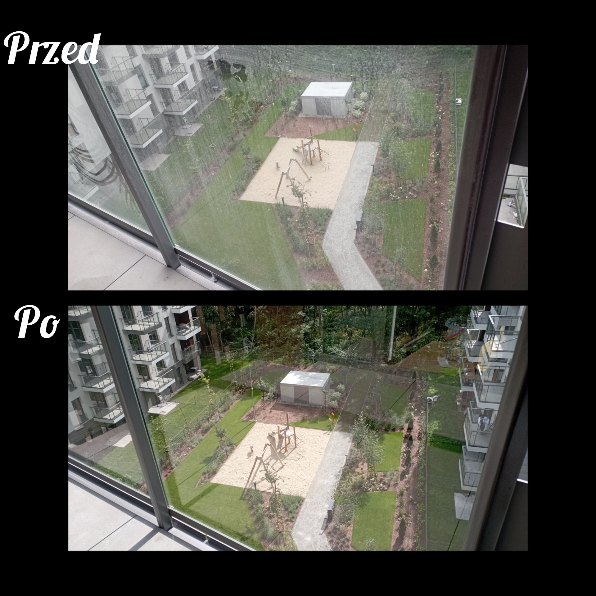 Porównanie okna przed i po umyciu, widok z balkonu na plac zabaw i budynek mieszkalny.