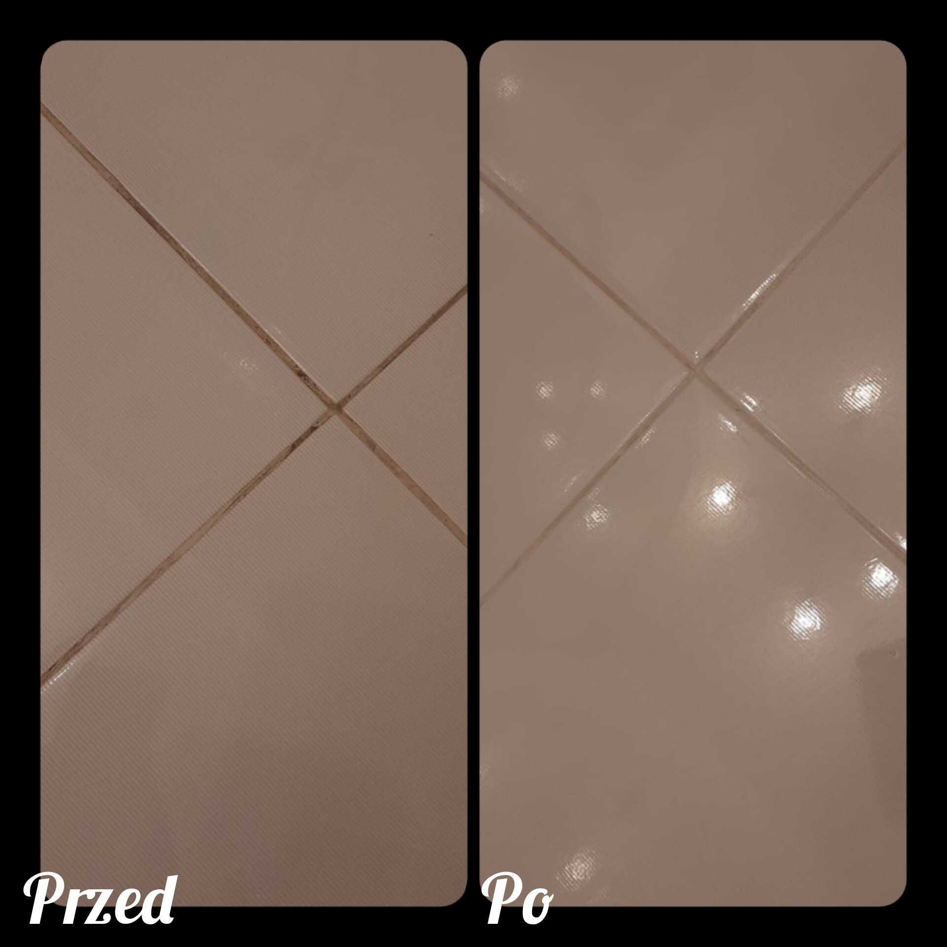 Porównanie płytek podłogowych przed i po czyszczeniu fug, ukazujące efekt usunięcia zabrudzeń i przywrócenia estetycznego wyglądu.