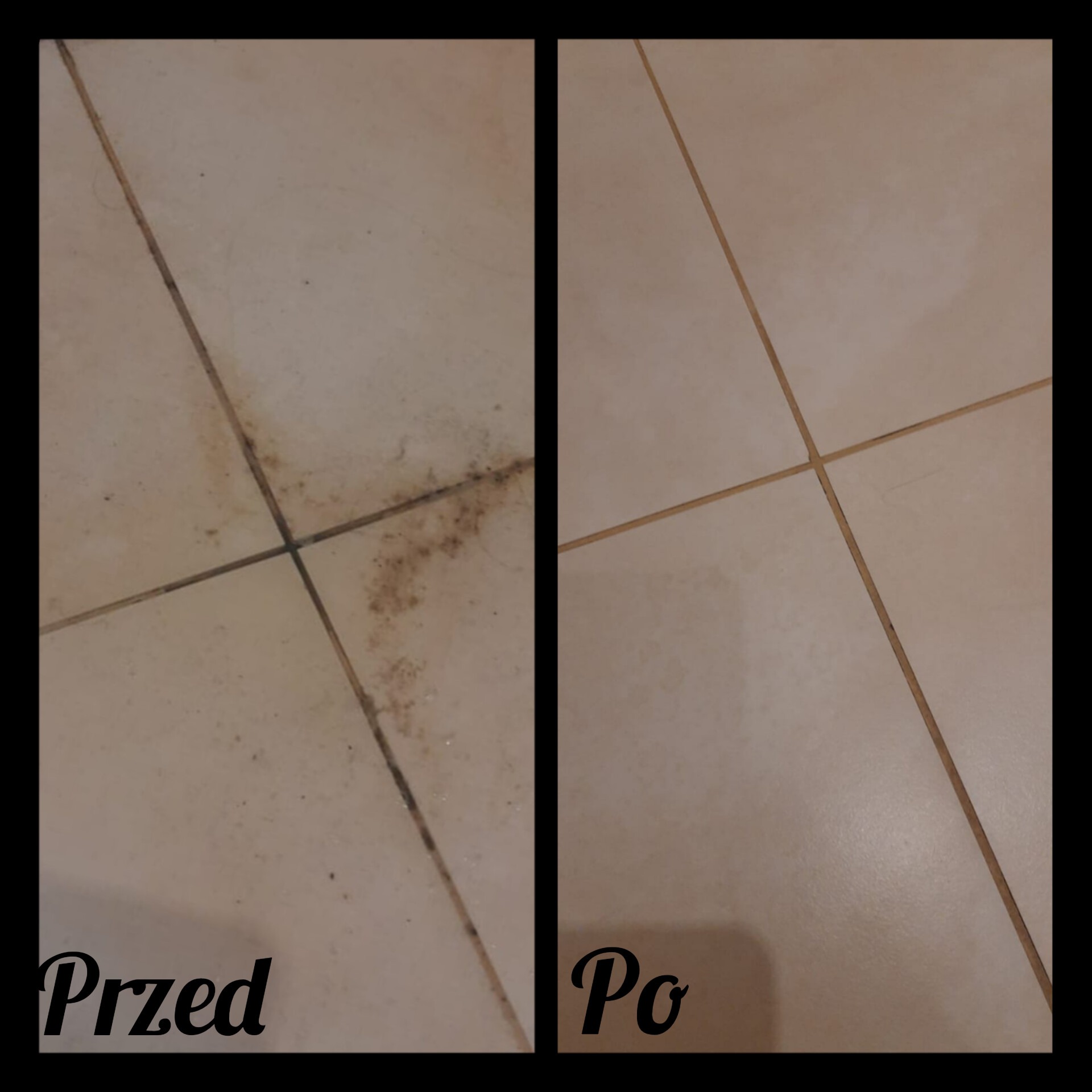 Porównanie płytek podłogowych przed i po czyszczeniu, z widocznymi zabrudzeniami na fugach po lewej stronie i czystymi fugami po prawej.