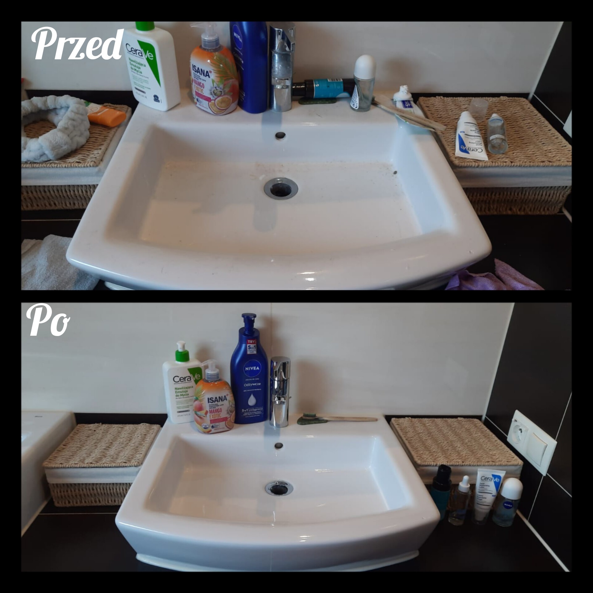 Zestawienie 'przed i po' czyszczenia białej, ceramicznej umywalki w łazience z czarnymi płytkami, ukazujące usunięcie zabrudzeń i uporządkowanie kosmetyków do pielęgnacji.