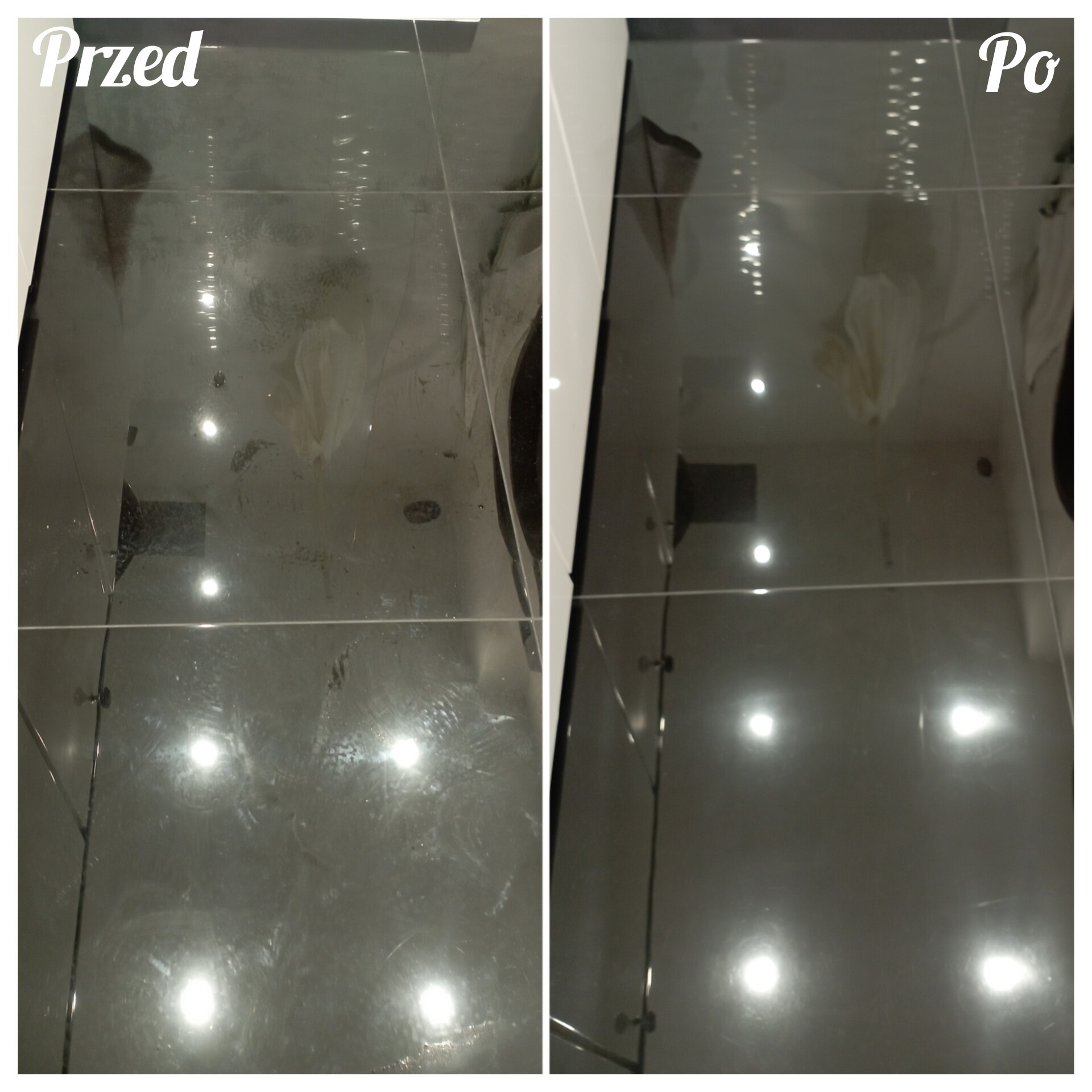 Porównanie stanu podłogi w łazience przed i po czyszczeniu: po lewej stronie widoczne zacieki i zabrudzenia, po prawej lśniąca, czysta powierzchnia płytek.