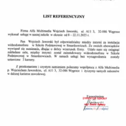 Skan listu referencyjnego z datą 5.12.2023, wystawionego przez Szkołę Podstawową w Smardzowicach dla firmy Alfa Multimedia Wojciech Jaworski za instalację wideodomofonu i ustawienie 3 kamer.