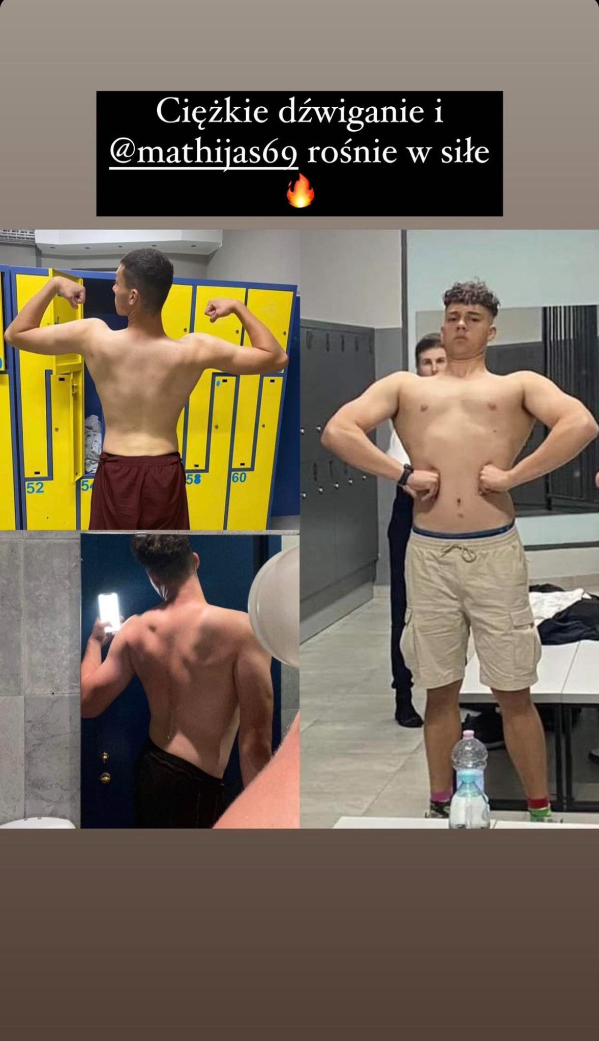 Montaż zdjęć ukazujący postępy w budowie masy mięśniowej młodego mężczyzny, z widocznymi zarysami mięśni pleców, ramion i brzucha, na tle szatni z szafkami i siłowni.