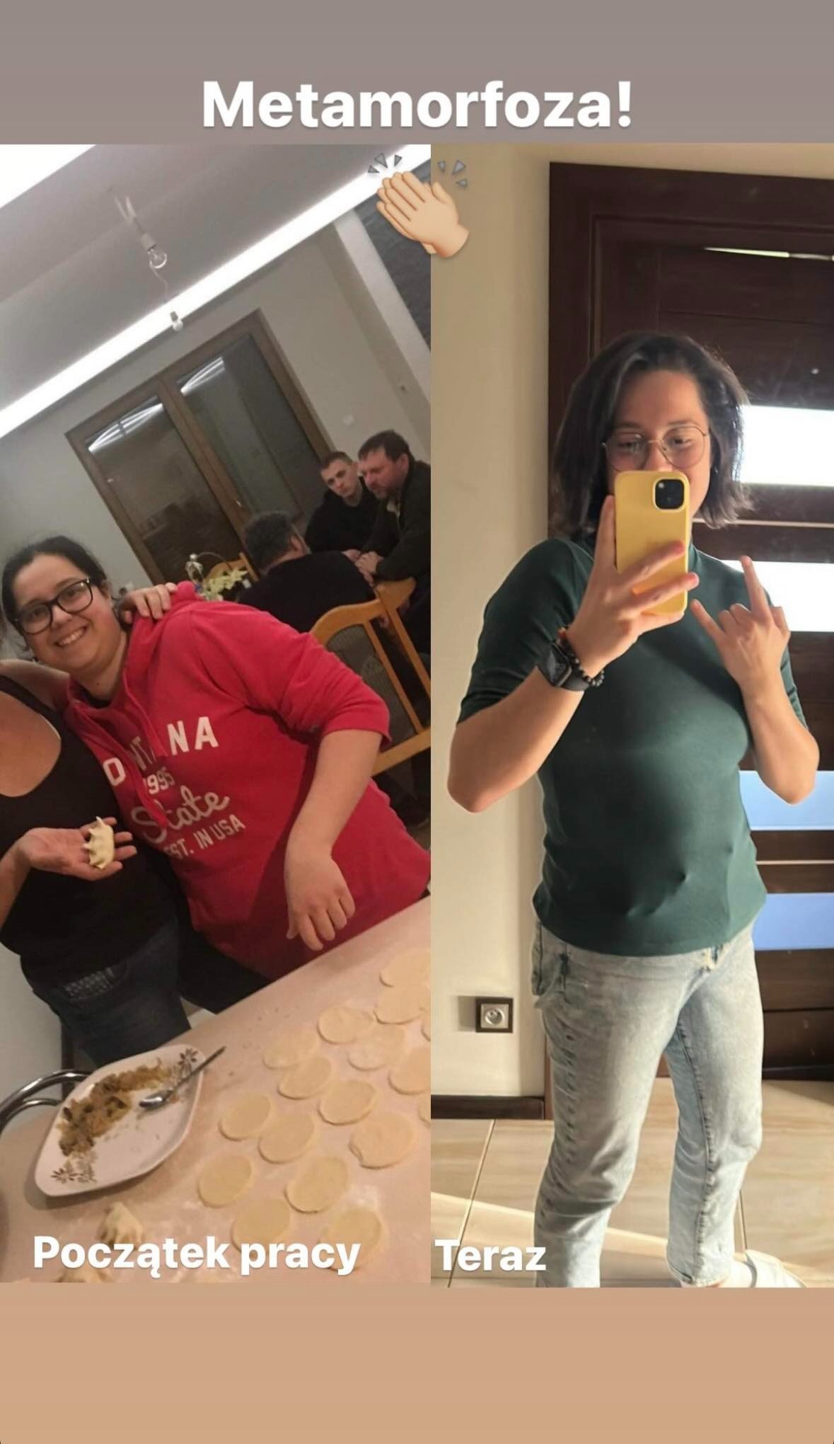 Zdjęcie typu przed i po przedstawiające kobietę; po lewej stronie kobieta w czerwonej bluzie z okularami, przygotowująca pierogi, po prawej stronie kobieta w zielonej bluzce i jeansach, robiąca...