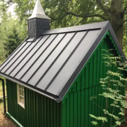 Mała, zielona kapliczka z ciemnoszarym dachem z blachy na tle leśnego krajobrazu.