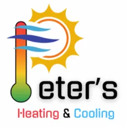 Logo firmy Peter's Heating & Cooling z termometrem, słońcem i stylizowanymi falami powietrza, wskazujące na usługi ogrzewania i chłodzenia.