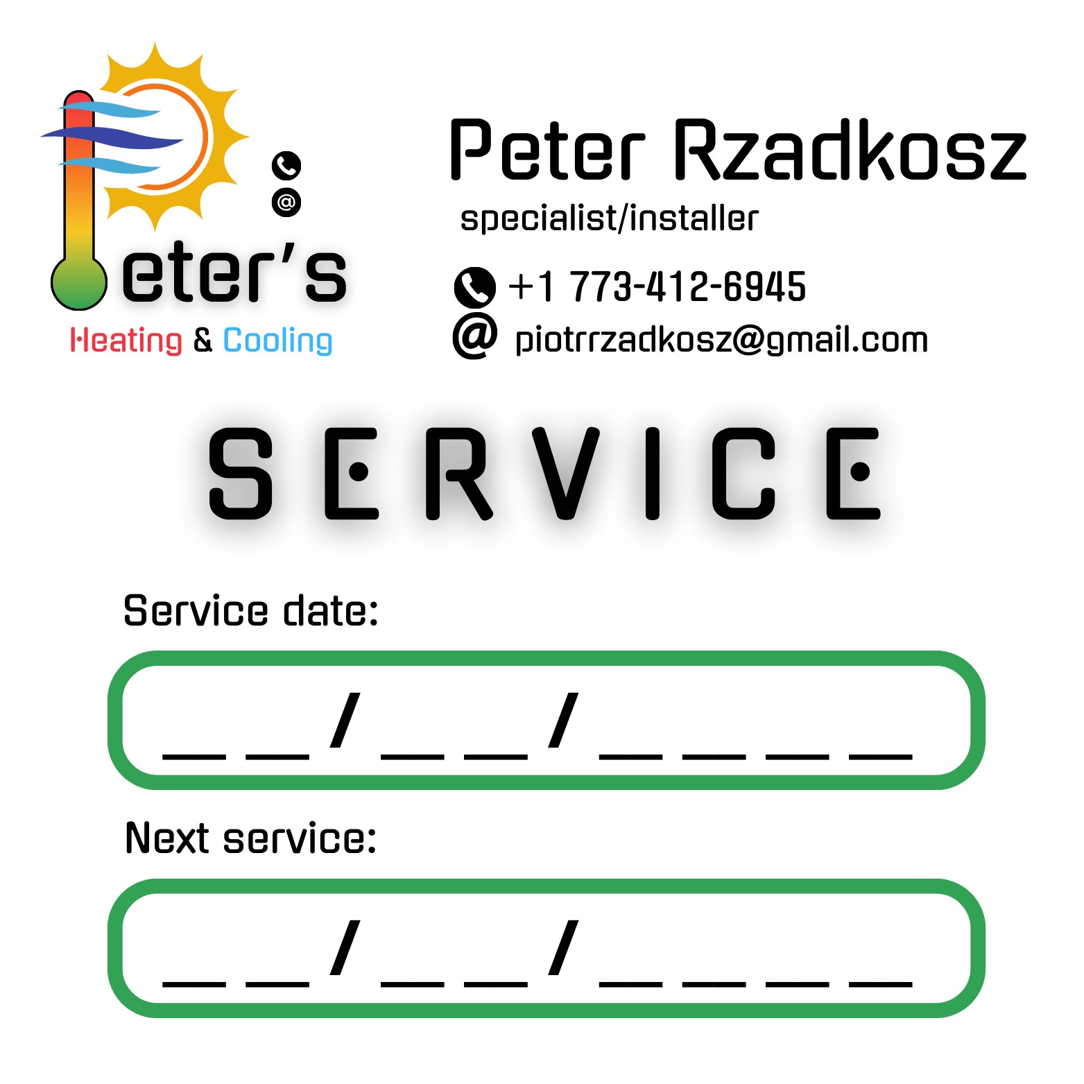 Wizytówka firmy Peter's Heating & Cooling z informacjami kontaktowymi i miejscem na datę serwisu oraz następnego serwisu.