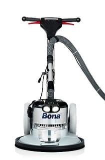 Profesjonalna szlifierko-polerka do podłóg marki Bona, widok z przodu, z przewodem ssącym i uchwytem z czerwonymi elementami, na białym tle.